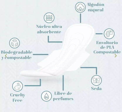 Toallas Higiénicas Nocturnas Desechables y Compostables 12 unidades