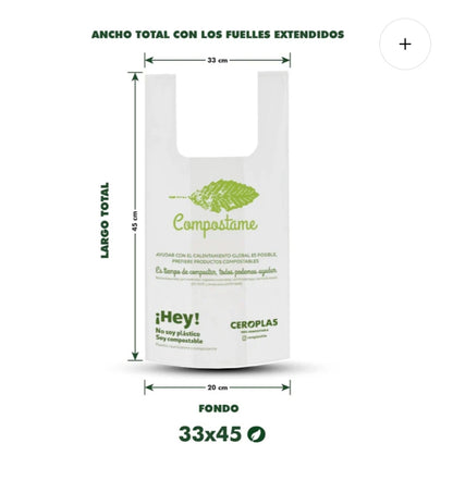 Bolsas Tipo Camiseta Compostables 50un 33x45cm